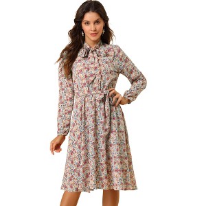 INSPIRE CHIC Women's Tie Neck Chiffon Long Sleeves Vintage Belted Floral Dress - 1 of 4
