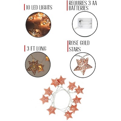 Warm White Battery Operated Rose Gold Star LED String Lights