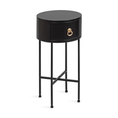 Black and Gold Round Wood Side Table with Storage