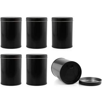 Cornucopia Brands Double Seal Tea Canisters, 6pk; Black Metal Round Tea Tins w/ Interior Molded Plastic Seal