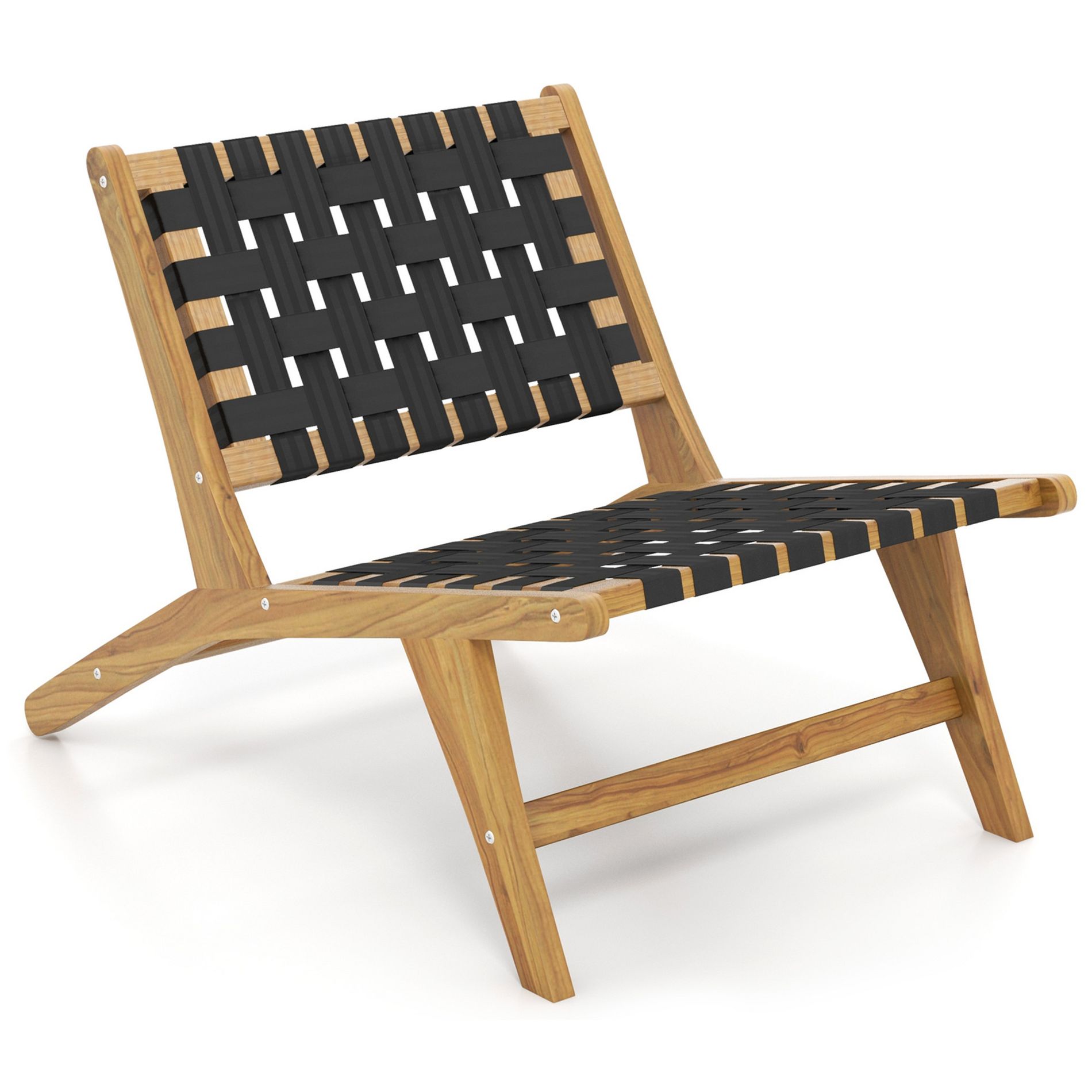 Costway Teak Wooden Chair w/ Woven Webbing Seat & Backrest for Patio Mid Century Modern