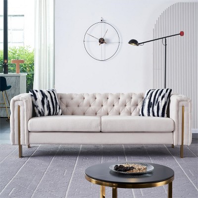 84"Mid-century Modern Couch Lounge Sofa Comfy Upholstered Deep Seat Sofa,Tufted Velvet 3 Seater Sofa Couch With Metal Legs-Cuddlewood