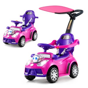 Costway 3-in-1 Sliding Walker w/ Adjustable Canopy Horn Music & Light for Boys & Girls Pink/Red/White - 1 of 4