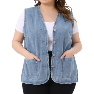 Agnes Orinda Women's Plus Size Sleeveless Denim Button Down V Neck Jean Vest - 1 of 4