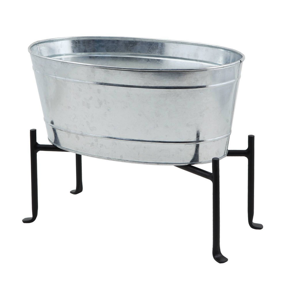 Photos - Other Decoration 16.75" Mini Oval Galvanized Tub with Folding Stand Steel - ACHLA Designs: Beverage Chiller, Container Garden