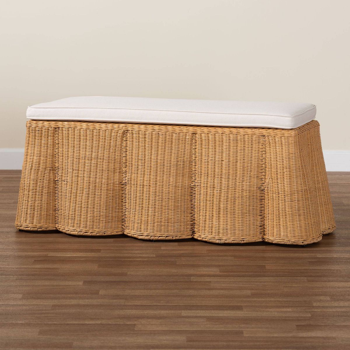 bali & pari Palm Scallop Natural Rattan Rectangle Ottoman with Cushion Light Honey - thumbnail 8
