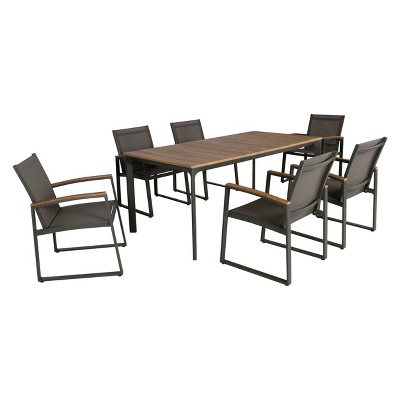 Christopher Knight Home Westcott Outdoor Aluminum and Mesh 7 Piece Dining Set with Wood Tabletop, Gray/Natural