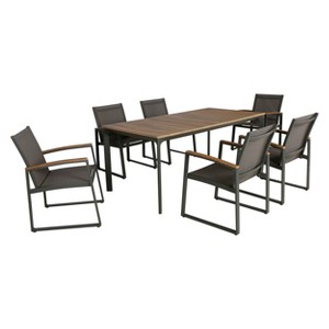 Christopher Knight Home Westcott Outdoor Aluminum and Mesh 7 Piece Dining Set with Wood Tabletop, Gray/Natural - 1 of 4