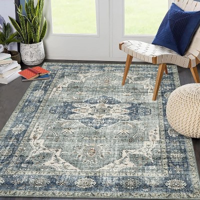 Washable Vintage Medallion Area Rug Non Slip Backing Stain Resistant & Low Pile Carpet for Bedroom Living Room Dining Room Bedroom