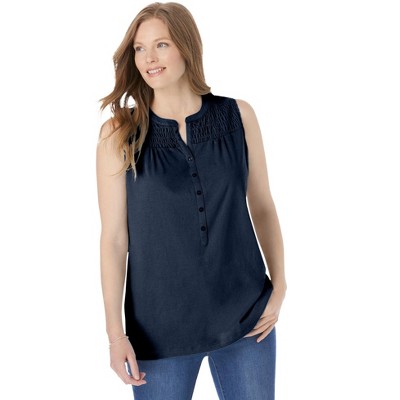 Woman Within Plus Size Smocked Henley Tank Top