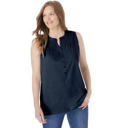 Woman Within Women's Plus Size Smocked Henley Tank Top - L, Navy : Target