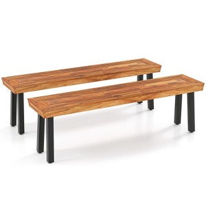 Tangkula Outdoor Acacia Wood Benches Set of 2 w/ Slatted Top & Flared Metal Legs - 1 of 4