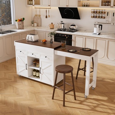 JUJABU 51" White Kitchen Island with Extendable Table & Power Outlet