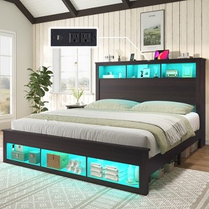 AMERLIFE Bed Frame with Bookcase Storage Headboard, LED Light and Charging Station - 1 of 3
