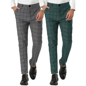 Lars Amadeus Men's Slim Fit Flat Front Zipper Closure Business Checked Dress Pants 2 Packs - 1 of 4