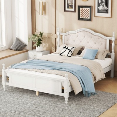 Queen Pine Bed with Upholstered Headboard, Panel Footboard, and Support Feet