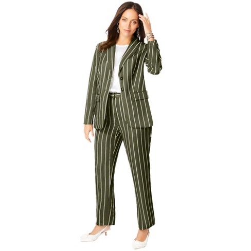 Jessica London Women's Plus Size Single-Breasted Pantsuit, 34 W - Dark  Olive Green Pinstripe