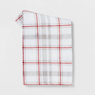 Plaid Printed Plush Christmas Throw Blanket Cream/Gray - Wondershop™