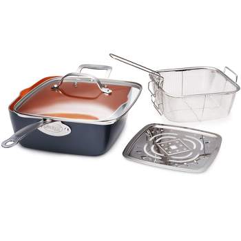 Gotham Steel 9.5" Deep Squre Nonstick Pan with Steamer Tray, Fry Basket and Glass Lid