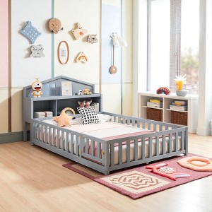 Mshliw Full Size Montessori Floor Bed with Storage Bookcase and Blackboard, Low Wood Platform Bed with Guardrails and Play Door for Kids and Teens - 1 of 4