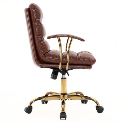 Walnut Brown Leather Executive Swivel Office Chair with Gold Base