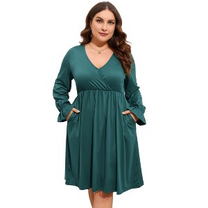 Coolmee Women's Plus Size Mini Dress Long Sleeve Wrap V Neck A Line Short Dress with Pockets - 1 of 4