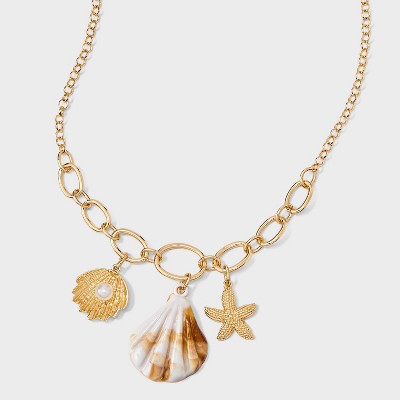 Shell And Starfish Drop Long Necklace - A New Day™ Neutral/Gold