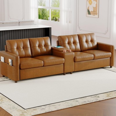 GustoWave Upholstered Sectional Sofa with Console, 2 Cup Holders and Ports, Modern Pu, Velvet Fabric 4-Seat Couch