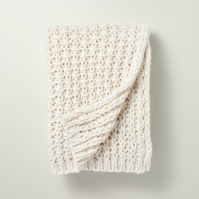 Chunky Knit Throw Blanket Cream - Hearth & Hand™ with Magnolia: Acrylic, Farmhouse Style, Cozy, 50x60"