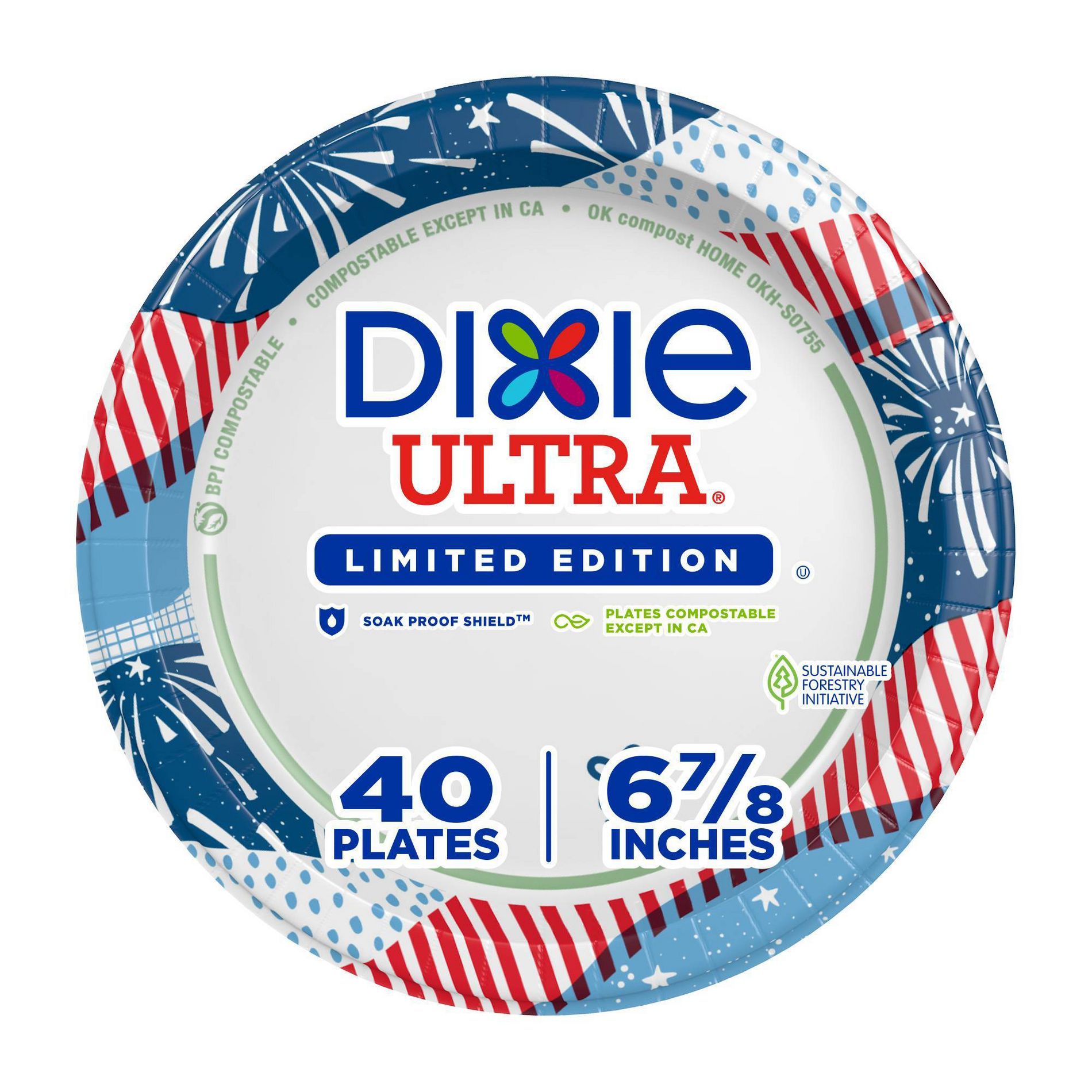 Dixie Ultra Plates 6 7/8" - Americana - 40ct: Paper, Round, Stripe & Star Pattern, Patriotic Theme