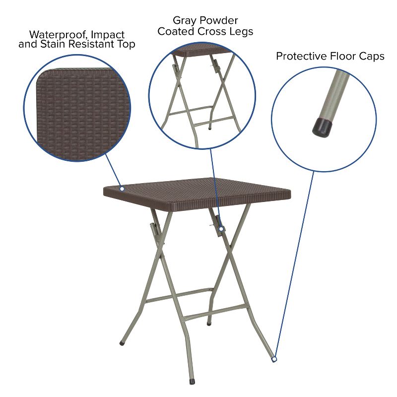 Flash Furniture 1.95-Foot Square Brown Rattan Plastic Folding Table, 4 of 12