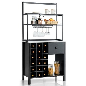 Costway Kitchen Islands Freestanding Wine Rack Table w/ Glass Holder & Drawer Black / Rustic - 1 of 4