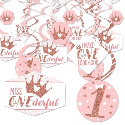 Big Dot of Happiness 1st Birthday Little Miss Onederful - Girl First Birthday Party Hanging Decor - Party Decoration Swirls - Set of 40