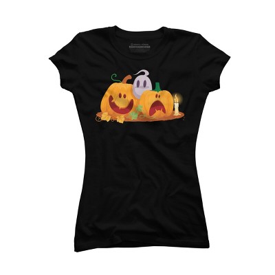 Junior's Design By Humans Halloween Cartoon Pumpkins And Ghost By VectorVillain T-Shirt