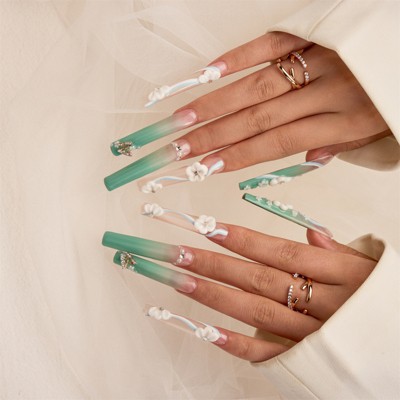 YEVYO Long Press On Nails - Square Rhinestone 3D Flower Full Cover for Women and Girls On Fake Nails - Blue - 10 Pcs