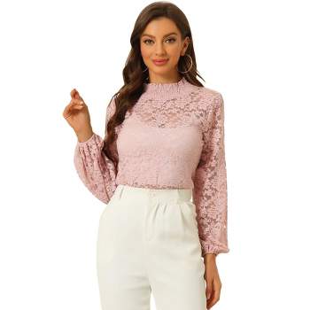 Allegra K Women's See Through Mock Neck Long Sleeve Floral Lace Blouse
