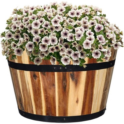 16-Inch Acacia Wood Whiskey Barrel Planter with Black Metal Bands