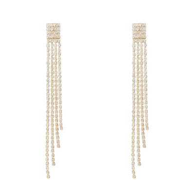 Women’s Gold-Tone Copper Tassel Drop Earrings, Modern Pave CZ Linear Design, Long Fringe Style, Glamorous Jewelry for Formal & Party Occasions