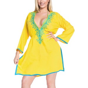 LA LEELA women's Vacation Casual Swim Holiday Beachwear Summer Short Party Swimsuit Cover ups Beach Dress Medium-Large Yellow, Solid - 1 of 3