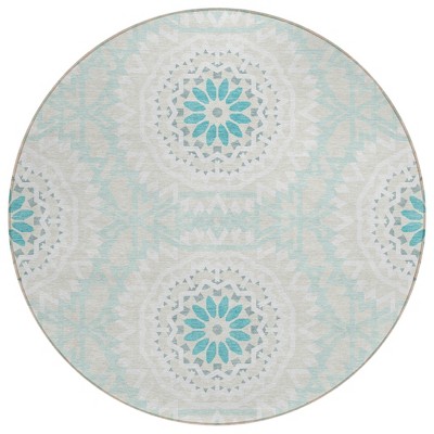 Teal Blue Beige And Ivory Floral Medallion Washable Indoor Outdoor Area Rug