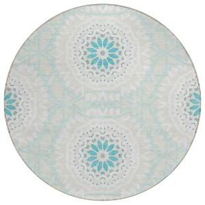Teal Blue Beige And Ivory Floral Medallion Washable Indoor Outdoor Area Rug - 1 of 4