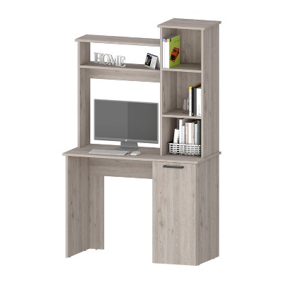 TIRAMISUBEST Beige Computer Desk with Hutch & 3-Tier Storage Shelves - Study Desk with Storage Cabinet for Home Office