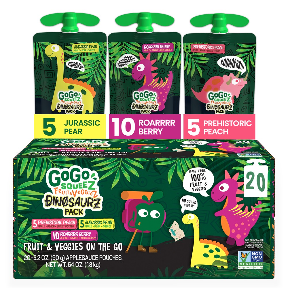 GoGo squeeZ Fruit & veggieZ Applesauce and Puree Variety Pack, Jurassic Pear, Roarrrr Berry & Prehistoric Peach - 3.2oz/20ct