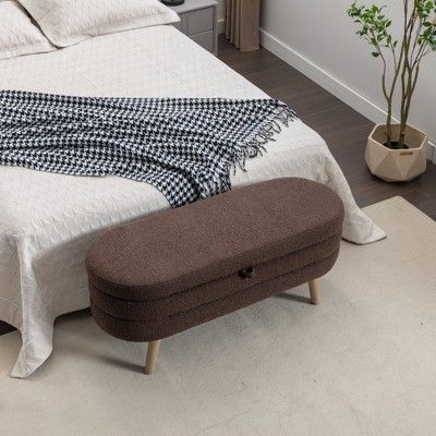 Velvet Fabric Storage Bench Bedroom Bench With Wood Legs For Living Room Bedroom Indoor,Ivory