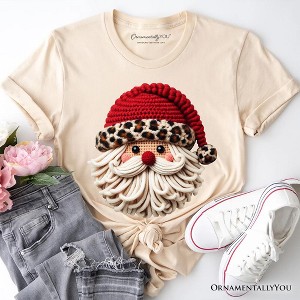 Santa Leopard Hat Christmas T-Shirt, Imitation Latch Hook Yarn Cozy Tee | OrnamentallyYou - 1 of 4