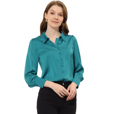 INSPIRE CHIC Women's Puff Long Sleeve Point Collar Vintage Button Work Satin Shirt