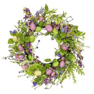 20" Artificial Woven Branch Base Spring Wreath with Purple Flowers, Pastel Eggs and Berries - National Tree Company - 1 of 3