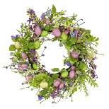 National Tree Company 20" Artificial Spring Wreath, Woven Branch Base, with Purple Flower Blooms, Pastel Eggs, Berries