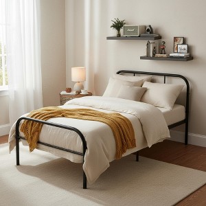 FurnitureR Metal Single Bed Frame with 2 Floating Wall Shelves Nightstands, Heavy-Duty Steel Platform Bed with Underbed Storage,Minimalist Bedroom Set - 1 of 4