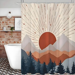 Paaaawaters 1pc Mountain Lake Sunset Pattern Shower Curtain Plus Hooks - Waterproof, Machine Washable Polyester Fabric - 1 of 4